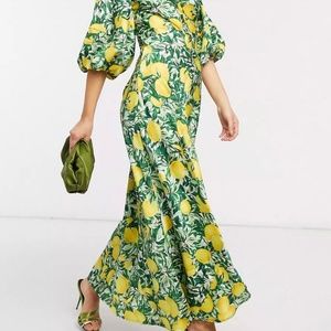 NWT ASOS DESIGN satin trapeze maxi dress with puff sleeves in lemon print Size 6